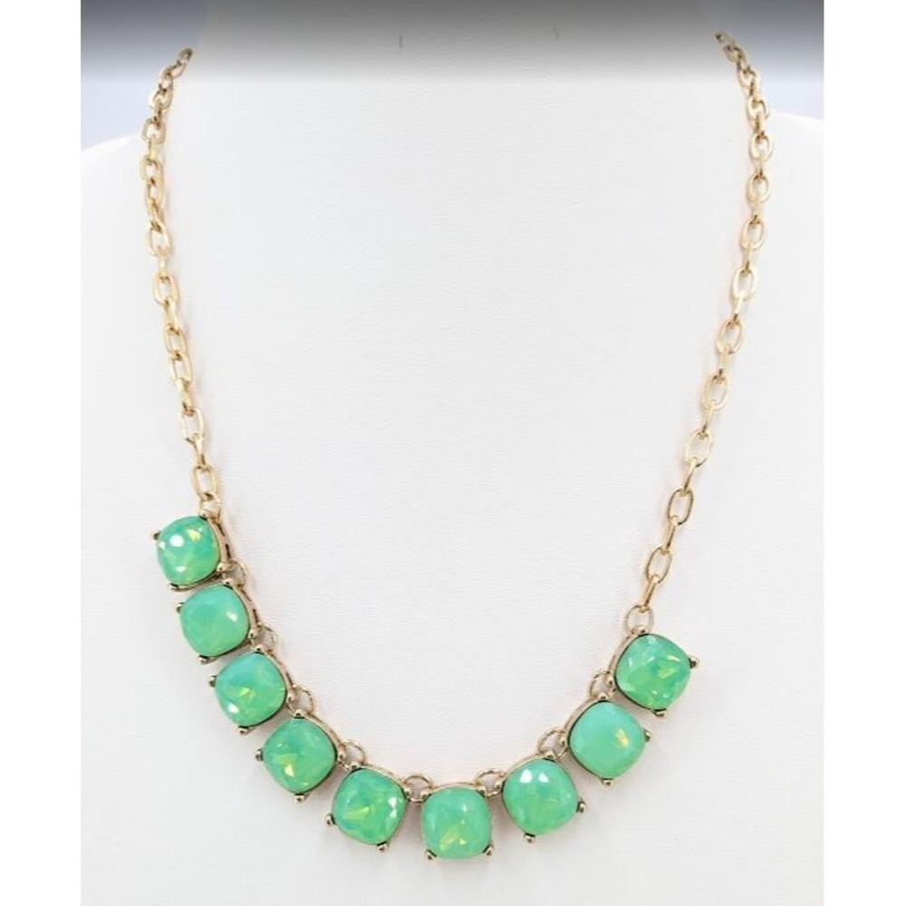 Express Aqua Opalescent Statement Necklace Gold Tone Green Faceted 9 Stone Bib